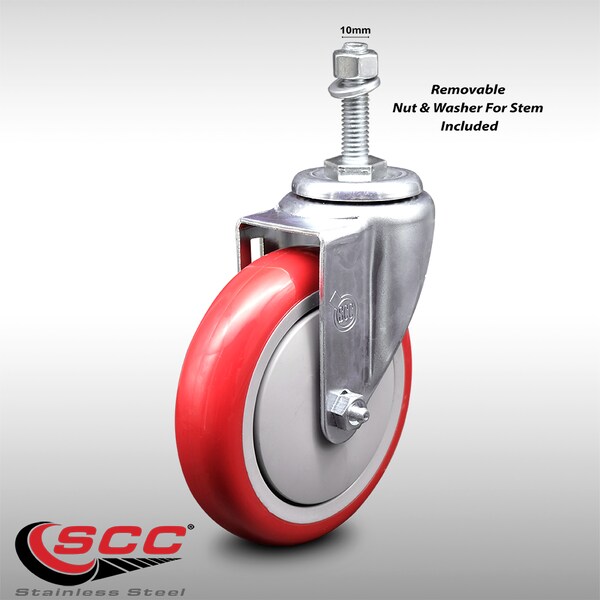 5 Inch SS Red Polyurethane Wheel Swivel 10mm Threaded Stem Caster SCC